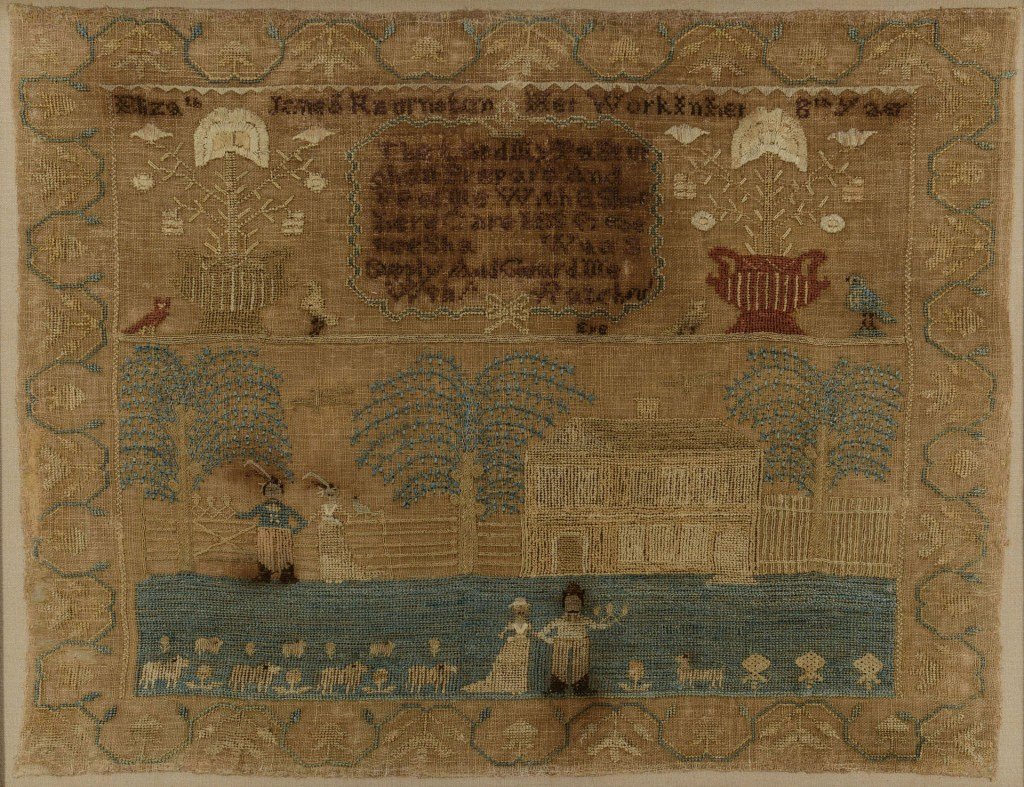 Pennsylvania pictorial Sampler circa 1815: Circa 1815 silk and chenille on linen sampler with houses, figures and verse in cross and embroidery stitches, signed at top Eliza-th Jones Remington Her Work in her 8th year. Underneath her name is a
