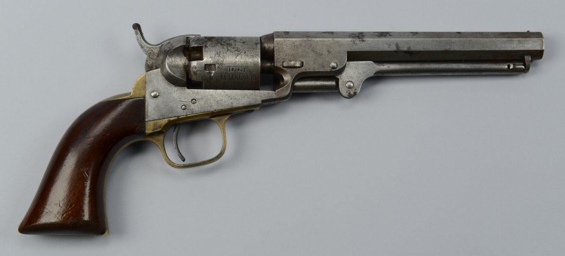 Colt Model 1849 Pocket Revolver, 1859: Colt Model 1849 Pocket revolver, .31 cal, octagonal barrel, serial number 159591, corresponds to 1859 production year. All visible serial numbers matching. On barrel, "Address Saml Colt New York City"
