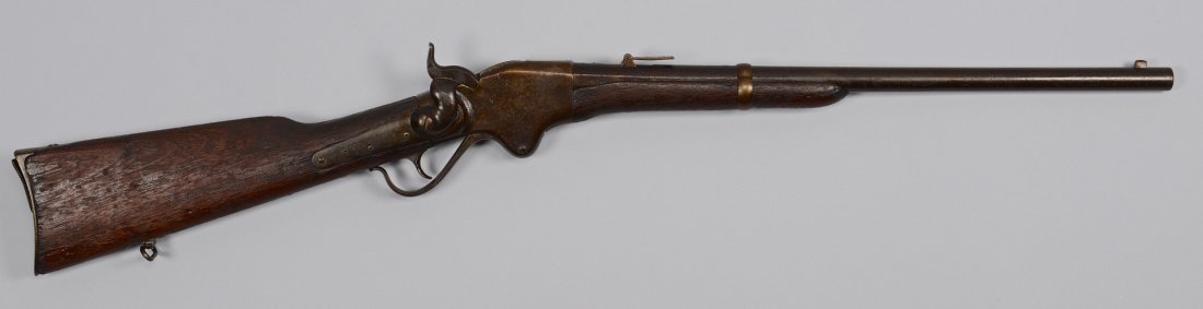 Spencer Model 1860 Carbine: Spencer Model 1860 carbine, .54 cal, serial# 32765, top of frame marked "Spencer Repeating Rifle Co., Boston, MA, Patd. March 6 1860", walnut stock and forearm, sling bar and ring, flip-up long range 
