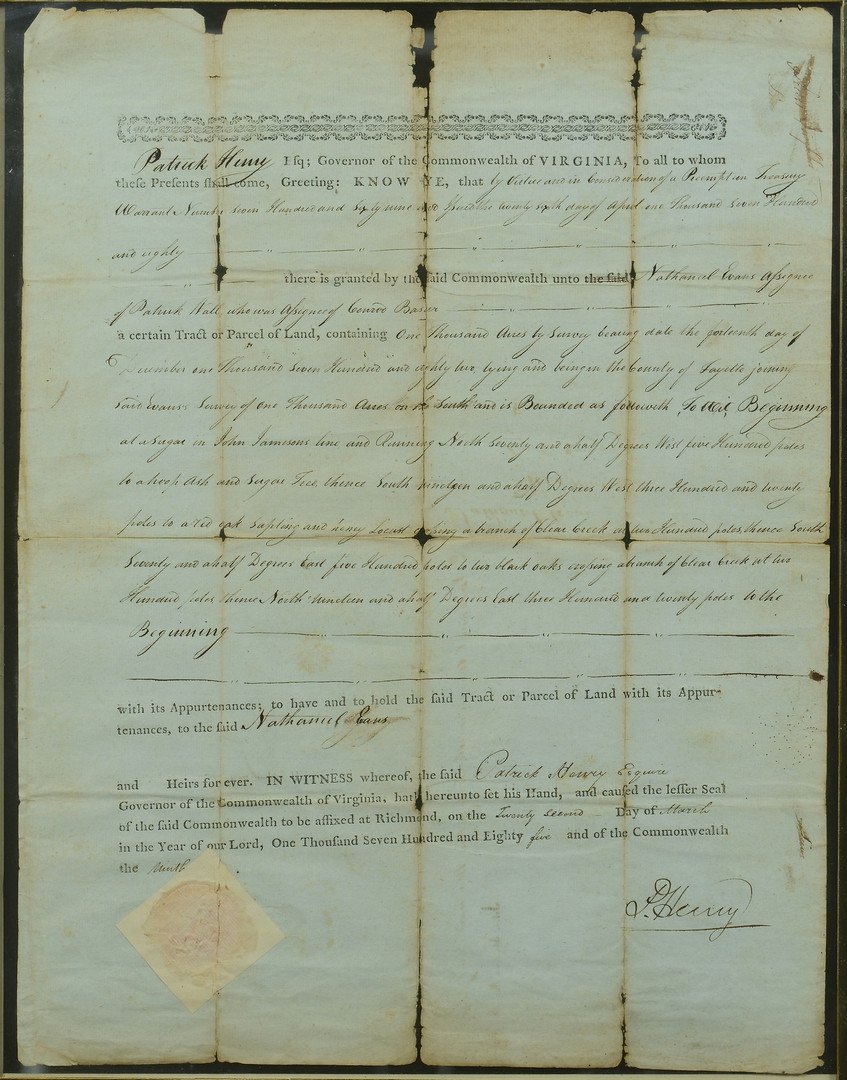 Patrick Henry Signed Land Grant, 1785: Patrick Henry (1736-1799), Virginia Governor signed land grant for Nathanial Evans, March 22nd, 1785. Land grant for 1000 acres in the County of Fayette (now the State of Kentucky). Partially printed 