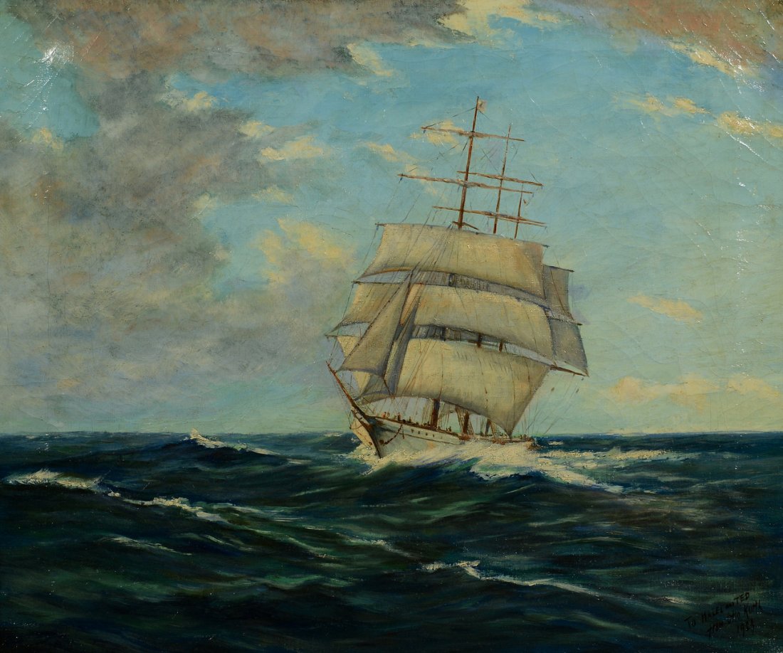 Otto Kurth, Marine Painting: Otto J. Kurth, (NY/Germany, 1883-1965) oil on canvas, clipper ship at sea, signed, dated and inscribed lower right, "To Hazel and Ted, Otto Kurth, 1929". Black and gold molded frame. Sight: 20" H x 23