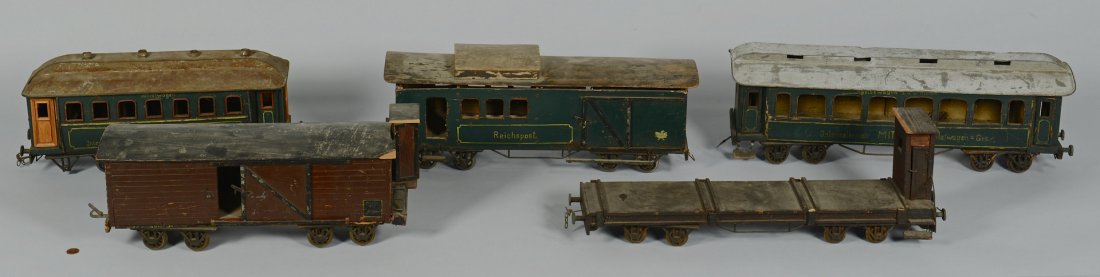 5 Large Floor Scale Wooden Train Cars, Mitropa: 5 large floor scale train cars, wooden with two Mitropa passenger cars having sheet metal roofs, probably German. Includes two passenger cars, box car, hybrid sleeper/box car, and flat bed car with pa