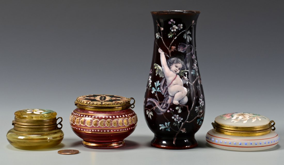 4 Pieces Art Glass, inc. tortoise: Four pieces of Art Glass. 1st item: Small tortoiseshell glass vase, the front with enameled design of a cherub frolicking among flowering branches, signed HD or HJ. A swag with musical motifs decorate
