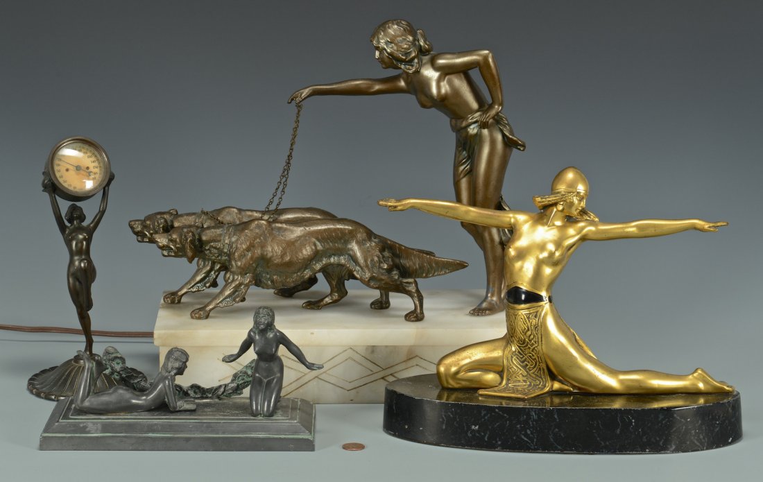 4 Art Deco Nude Sculptures: Group of four Art Deco nude figural sculptures including novelty lamp. 1st item: Bronze partially nude female figure walking two hunting dogs and mounted on an Art Deco carved and electrified white al