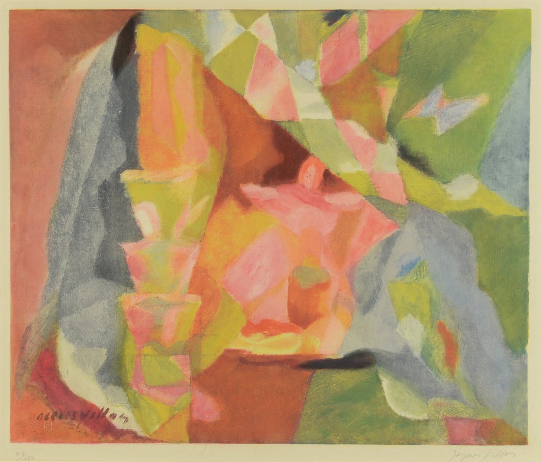 Jacques Villon signed aquatint: Jacques Villon (also known as Gaston Emile Duchamp, French, 1875-1963) aquatint, cubist composition, pencil signed in lower right margin and numbered 46/152 in lower left margin. Printed signature als