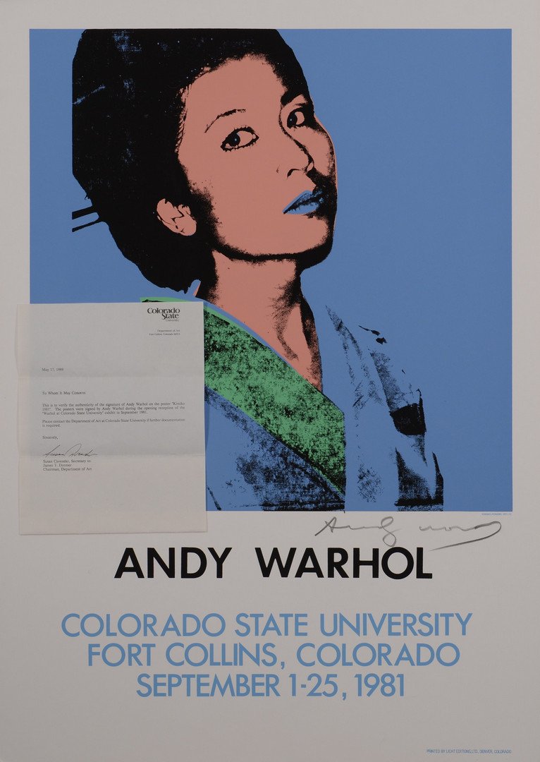Andy Warhol Screenprint, Kimiko Powers: Andy Warhol color screenprint poster of Kimiko Powers for the Colorado State University Exhibition, 1981, edition of 250. Signed lower right margin. Printed by Licht Editions, Denver, and published by