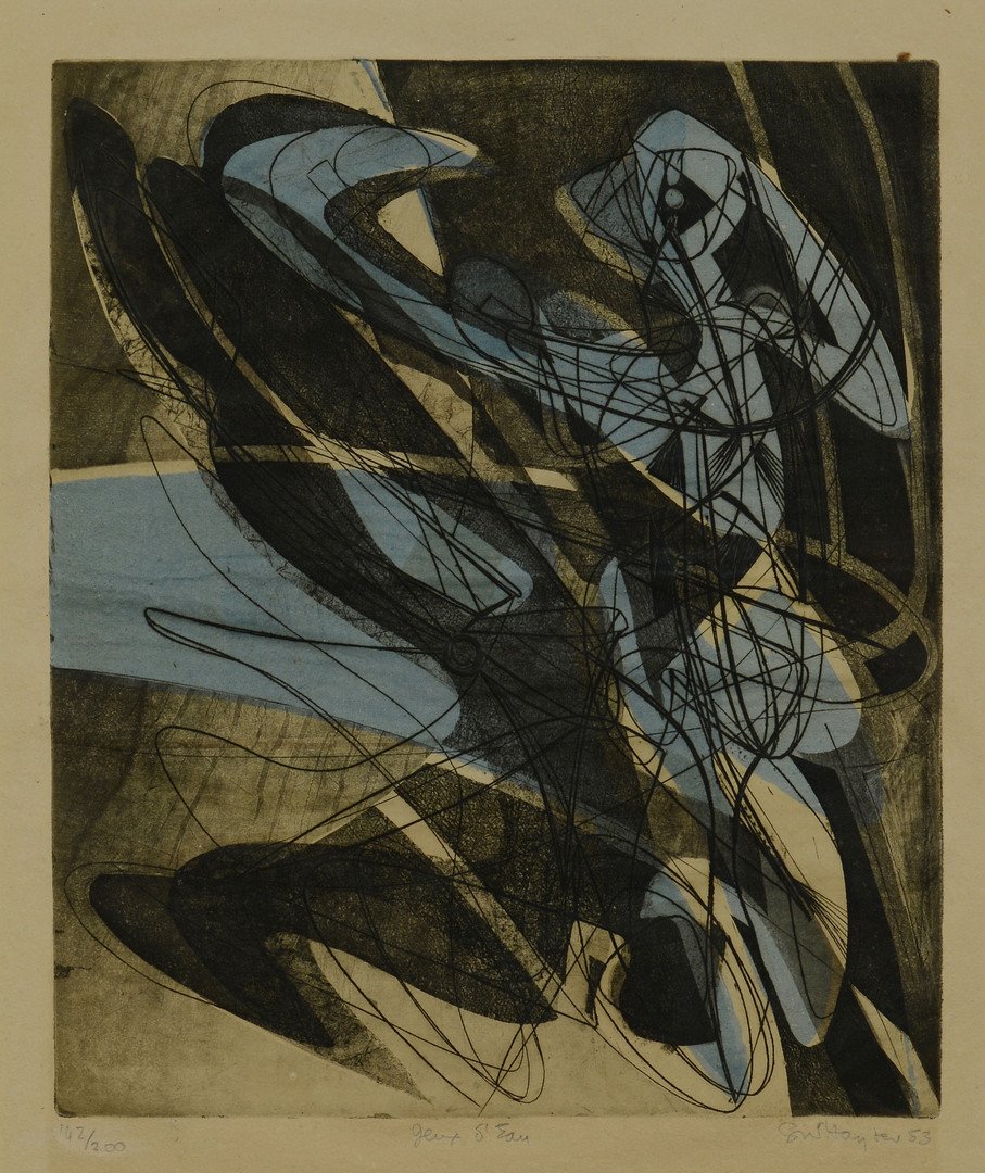 S.W. Hayter Engraving, "Jeux d'eau": Stanley William Hayter (British, 1901-1988) colored engraving titled "Jeux d'eau". Pencil signed and dated '53 lower right, titled center and numbered 142/200 lower left. Plate: 12 3/8" H x 14 3/8" W.