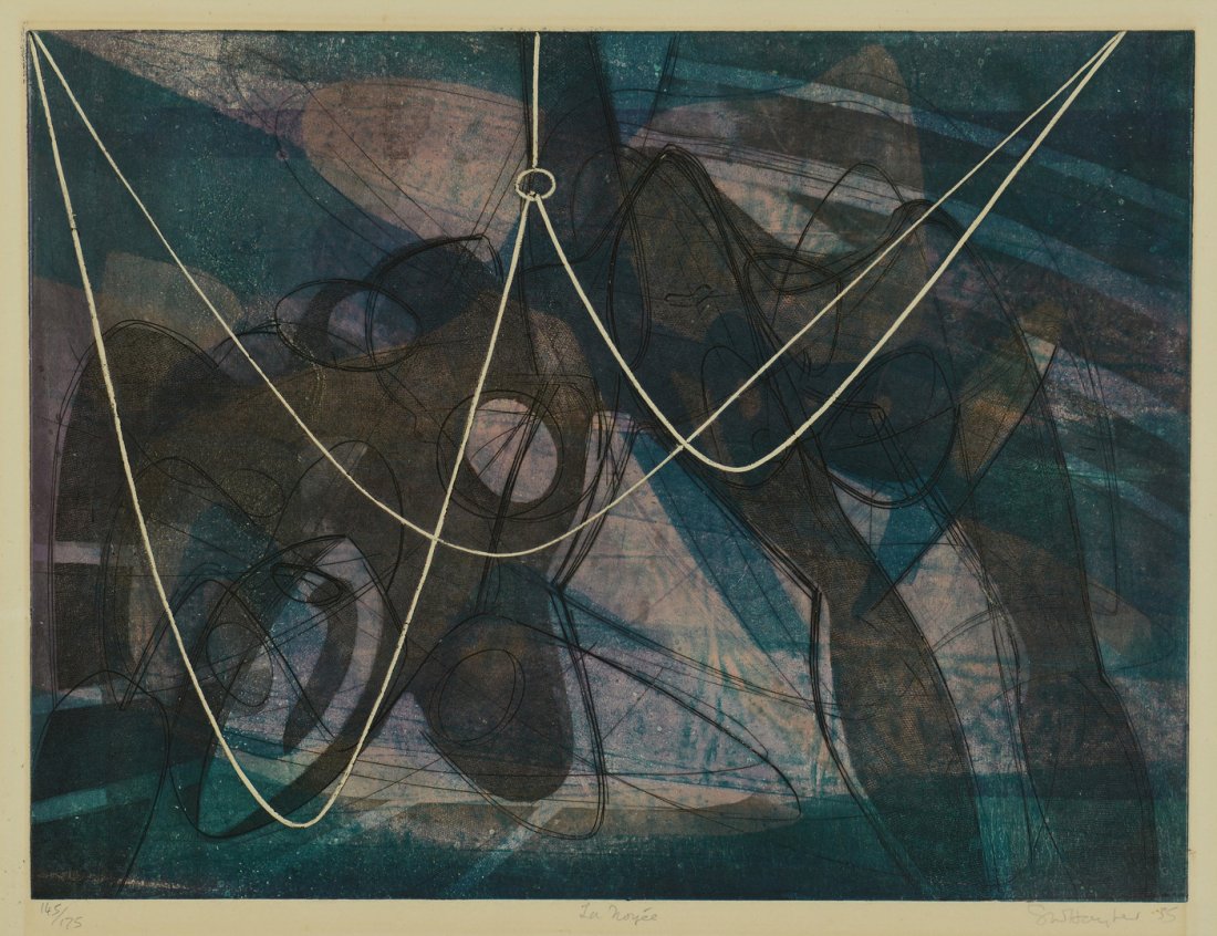 S.W. Hayter Engraving "La Noyee": Stanley William Hayter (British, 1901-1988) colored engraving titled "La Noyee". Pencil signed and dated '35 lower right, titled center and numbered 145/175 lower left. Plate: 14 1/8" H x 18 7/8" W. F