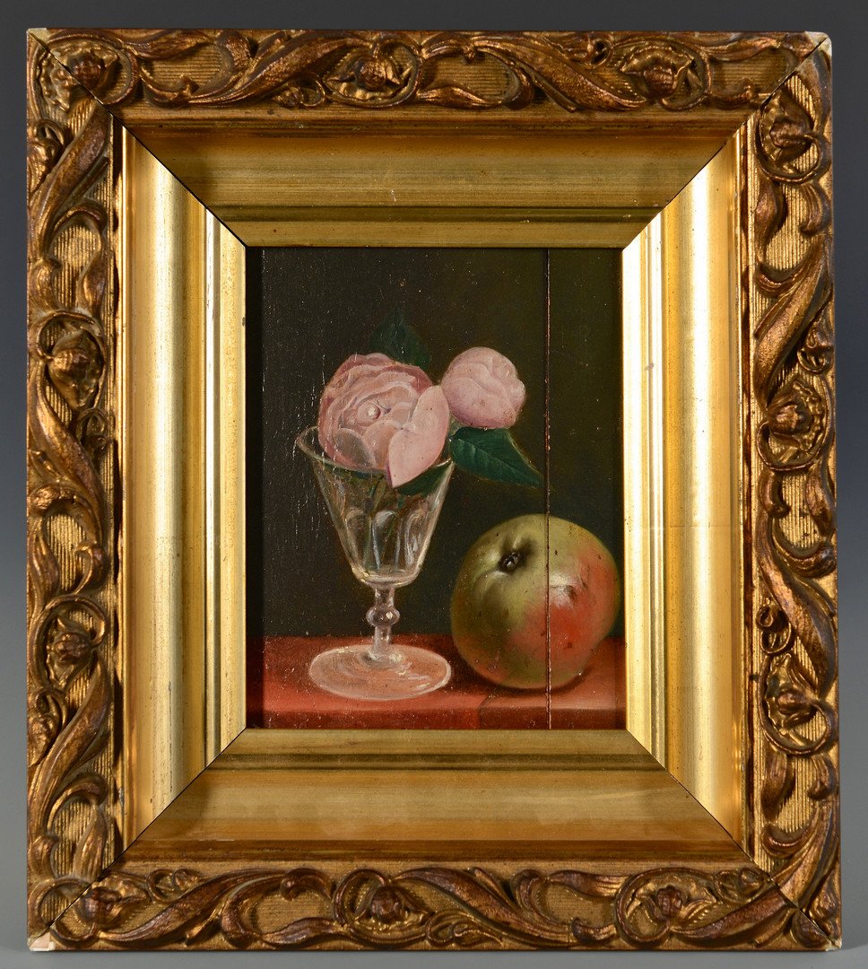 John Francis o/c Still Life with apple and peonies: John F. Francis (American, 1808 - 1886) oil on board still life with apple and peonies in a glass. Signed "J. F. Francis" en verso, with old collectors label. Housed in an antique, possibly original c