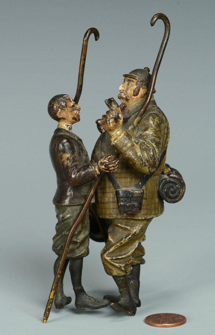 Cold Painted Bronze Figural Group, 2 men: Cold painted bronze figural group of two men, both appear to be British fishermen engaged in an argument. 6"H. Circa 1900. Provenance: the collection of Stephen and Lisa Steiner Small, Nashville, Tenn