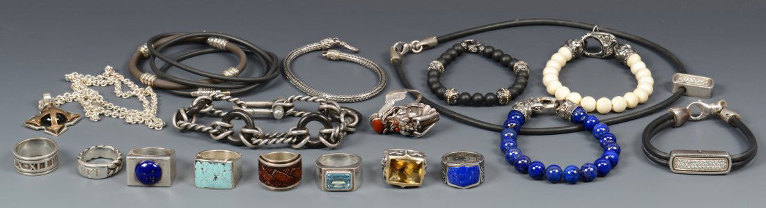 Group of Men's Designer Jewelry: Group of men's designer jewelry including David Heston sterling diamond bar rubber necklace and bracelet set; Stephen Webster Raven Head sterling lapis bead bracelet, 9" L and ring (10); Stephen Webst