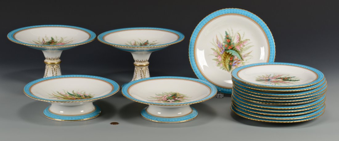 Minton Dessert Set: Minton dessert set, hand-painted with various floral sprays, raised turquoise border with gilt decoration, 16 pieces including 12 plates (8 1/2" diameter), 2 high compotes, #410 on base (5 1/2" H x 8 
