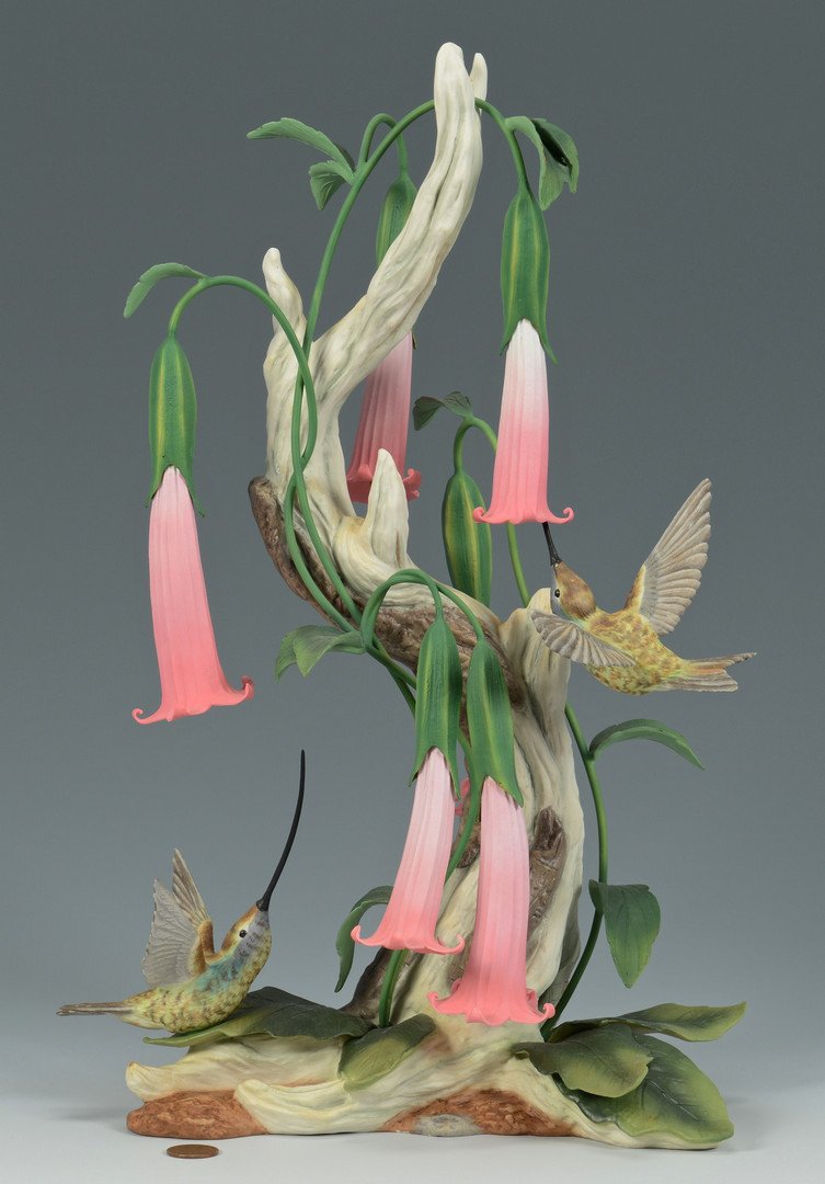 Boehm Hummingbirds: Boehm porcelain Sword-billed Hummingbirds with Datura, 10190, #62/250. Personal hand written inscription on the underside from Helen Boehm to the collector. 15 1/2" H x 7" W x 11 1/2" D. Made in Engla
