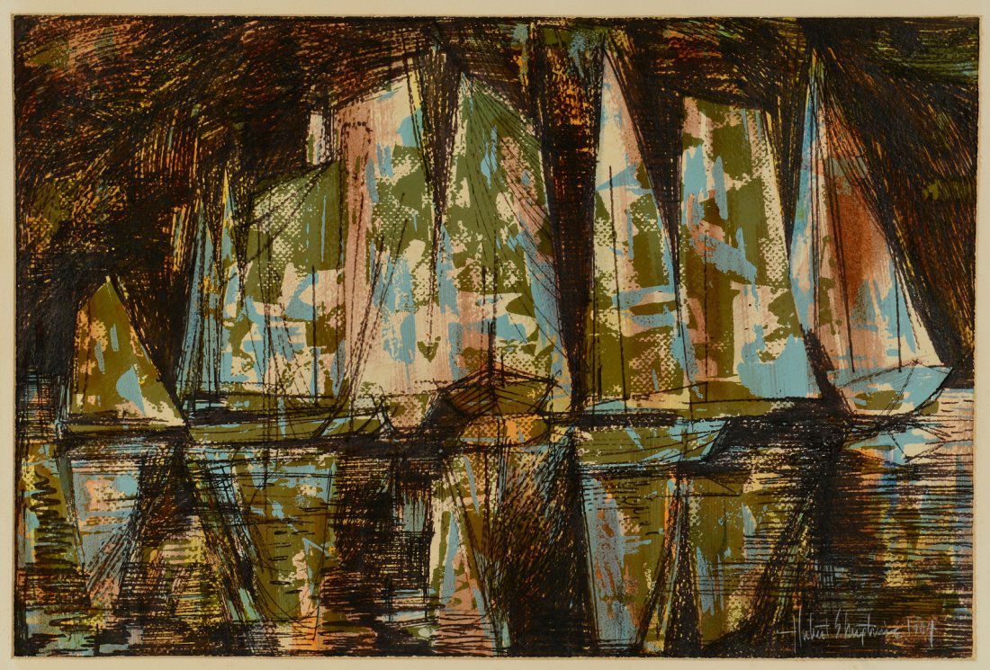 Hubert Shuptrine Abstract Oil: Hubert Shuptrine (American/Tennessee, 1936-2006) abstract oil on paper depicting sail boats in a harbor, probably the Bahamas. Signed and dated 1964 lower right. Unframed. Sight - 14 1/4" H x 21 1/2"