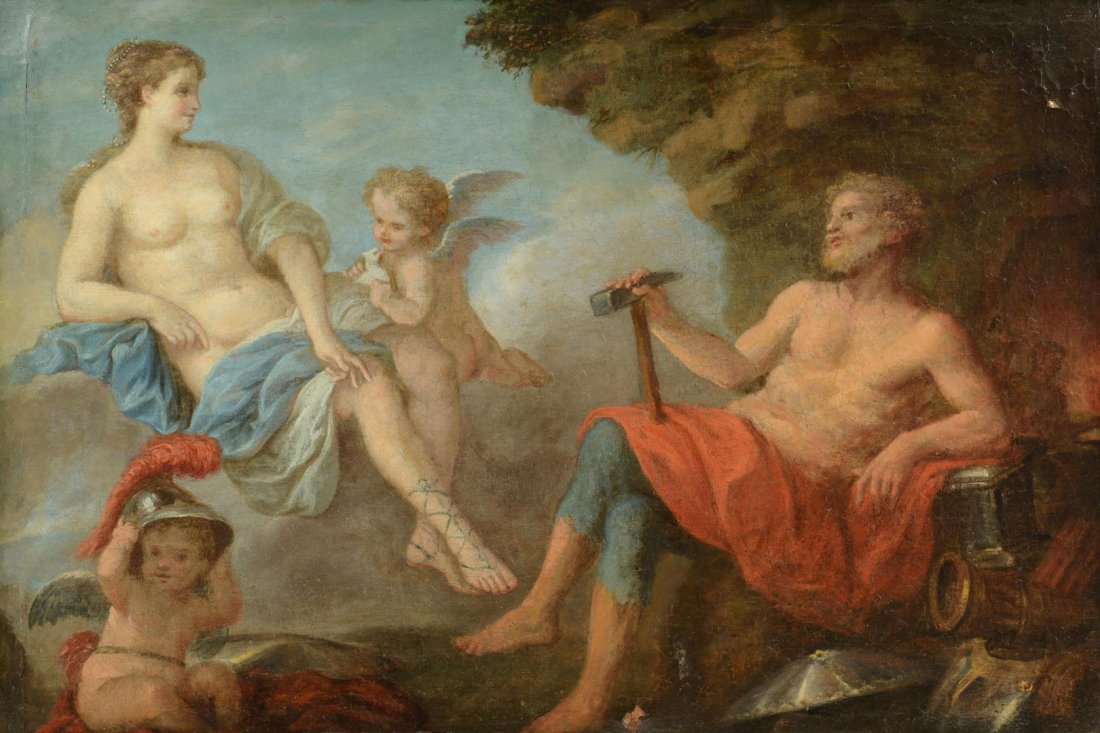 French School 18th c., Venus & Vulcan mythological: French School, 18th century, oil on canvas painting of Venus and Vulcan, manner of Louis Jean Francois LaGrenee (French, 1725-1805). Venus, the goddess of Love in Greek Mythology, sits at left, attend