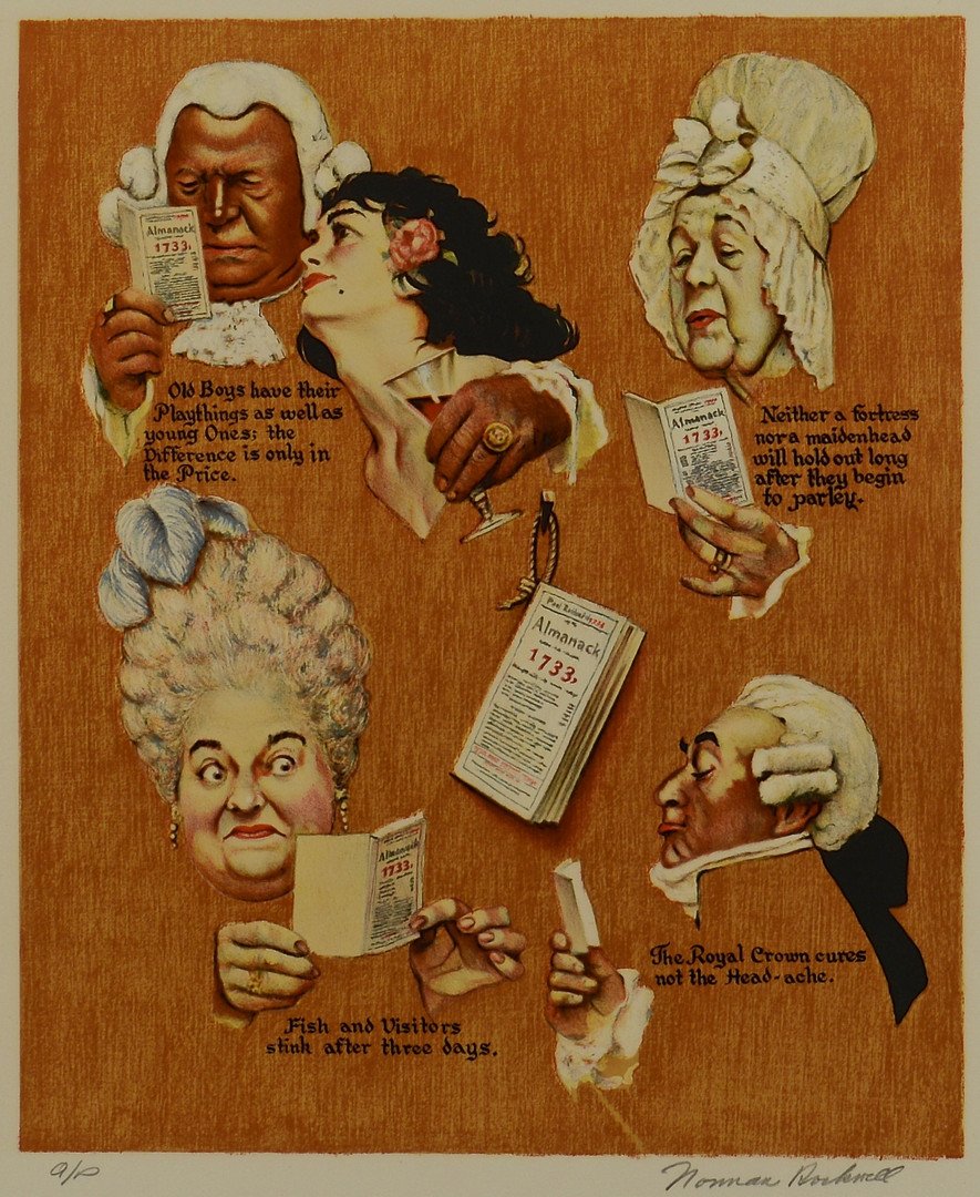 Norman Rockwell Signed Litho, "Poor Richard's Almanac": Norman Rockwell (1894-1978) lithograph titled "Poor Richard's Almanack: The Golden Age", Artist's Proof, signed lower left. Partial paper stamp visible lower left. Sight: 18 5/8" H x 24 3/4" W. Framed