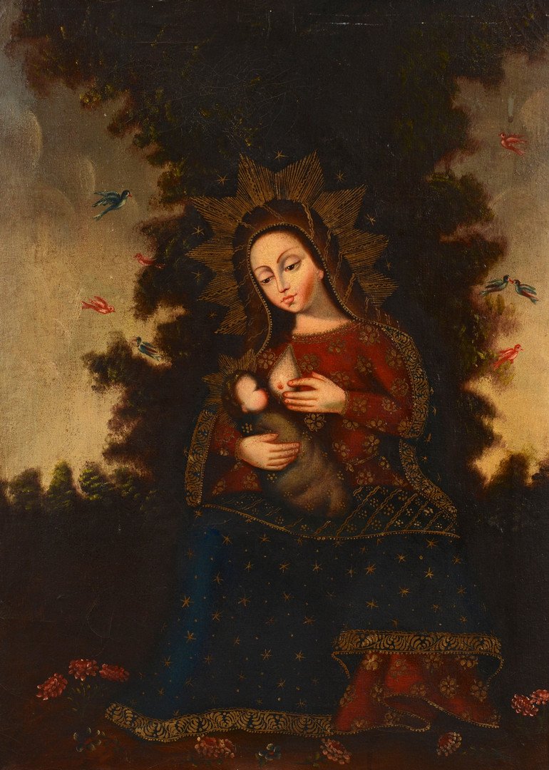 Cuzco School Madonna Lactans: Cuzco School, Spanish Colonial painting depicting the Virgin Mary, dressed in blue and scarlet robes, nursing the Christ child (Madonna Lactans). The pair is painted against a landscape background wit