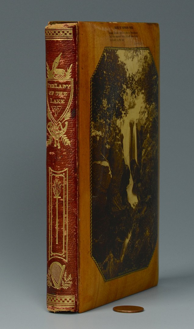 Mauchline-ware Bound Book: Mauchline-ware bound book, "The Lady of the Lake" by Scott, published in Edinburgh by John Ross and Company/ William Ritchie, 1874. Binding comprised of bevelled lacquer birnam wood boards with a gilt