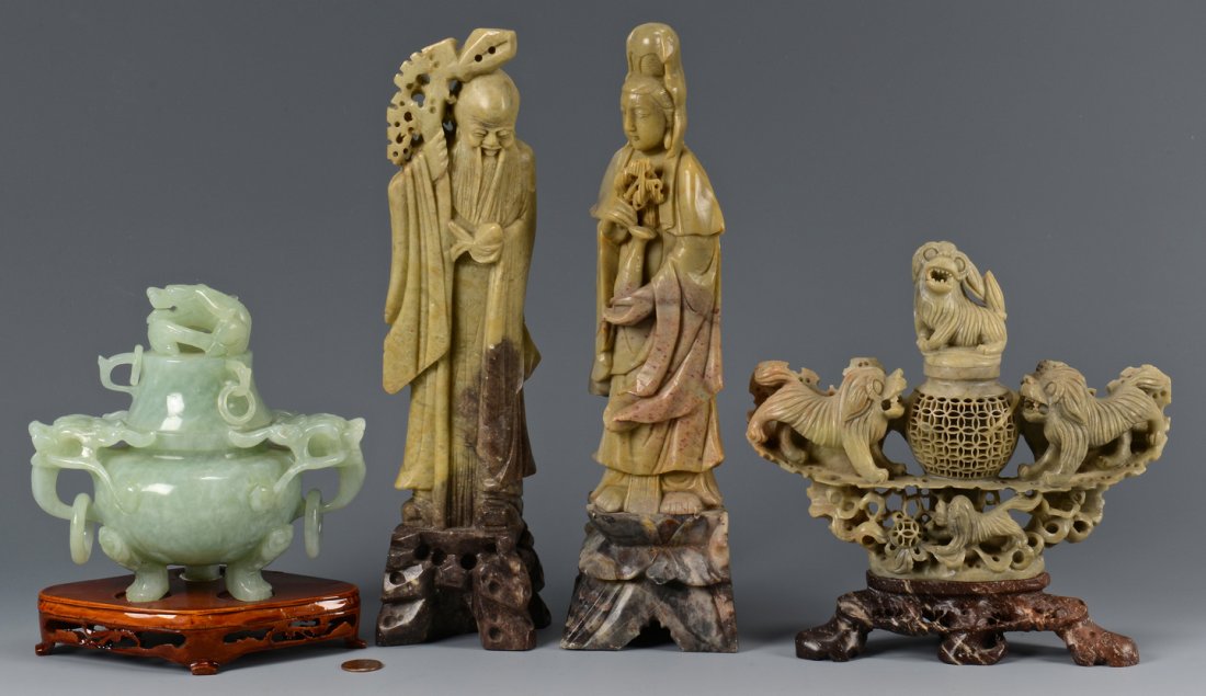 Pr Chinese Soapstone Lohan Figures, Jar, Censer: Pair Chinese carved soapstone Lohan figures depicting Guan-Yin and an immortal (each 12"H), together with a figural group including pair of lions flanking a sphere-like jar with pierced sides and a fo