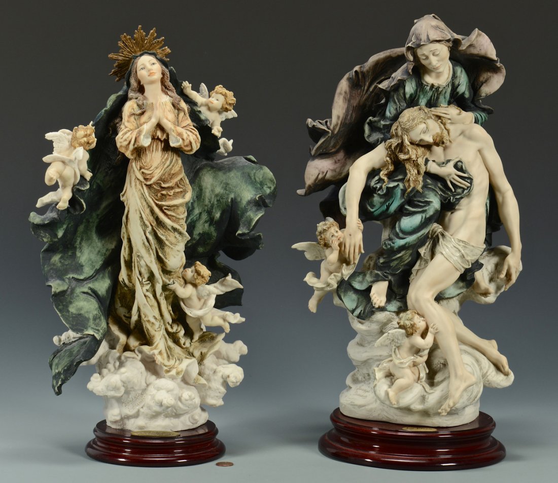 2 Armani Limited Edition Religious Sculptures: 1st item: Giuseppe Armani porcelain figural sculpture titled "La Pieta" designed in the likeness of the original La Pieta by Michelangelo. Number #2260/5000. 20" H x 8" W. 2nd item: Giuseppe Armani po