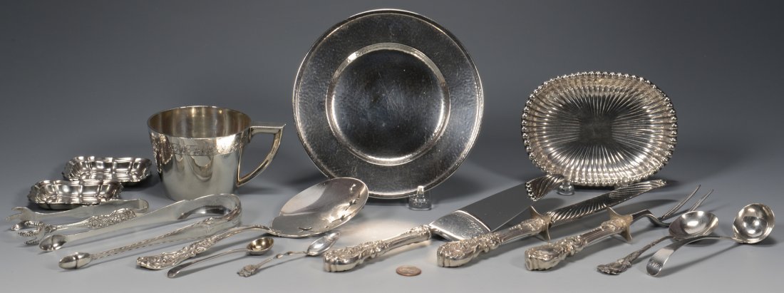 Assd. coin & sterling inc. Francis I: Group of miscellaneous sterling and coin silver. Includes: 1 pair coin silver sugar tongs, marks for Littleton Holland (working Baltimore, MD circa 1800) with bright cut engraved decoration, monogramm