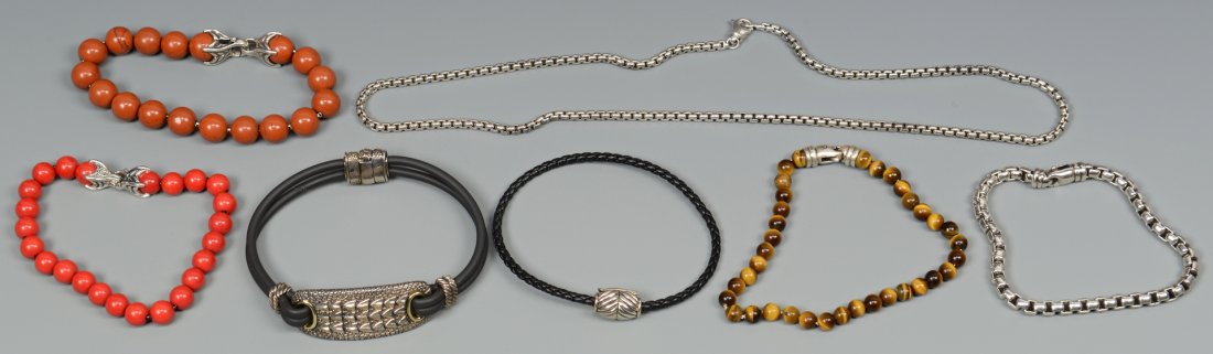 7 David Yurman Jewelry Pcs.: Group of 7 David Yurman jewelry items. 1st group: Six various bracelets including 3 beaded bracelets on chains with sterling clasps, tigers eye, carnelian and coral, 8 1/4" to 9 1/4", plus 1 sterling
