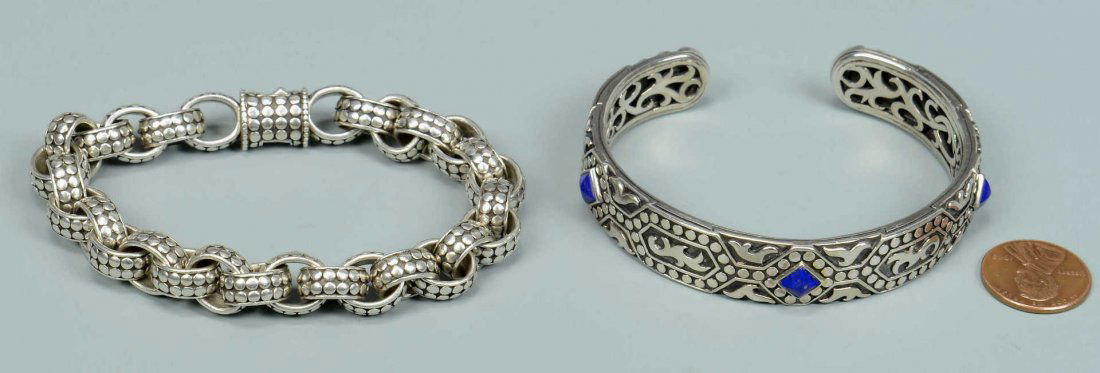 2 Men's John Hardy Sterling Bracelets: 1st item: Men's John Hardy Dayak sterling Batu slim cuff bracelet with Lapis Lazuli stones. Interior stamped with John Hardy mark and .925. 2 1/2" opening. 1.74 troy ounces. 2nd item: Men's John Hardy