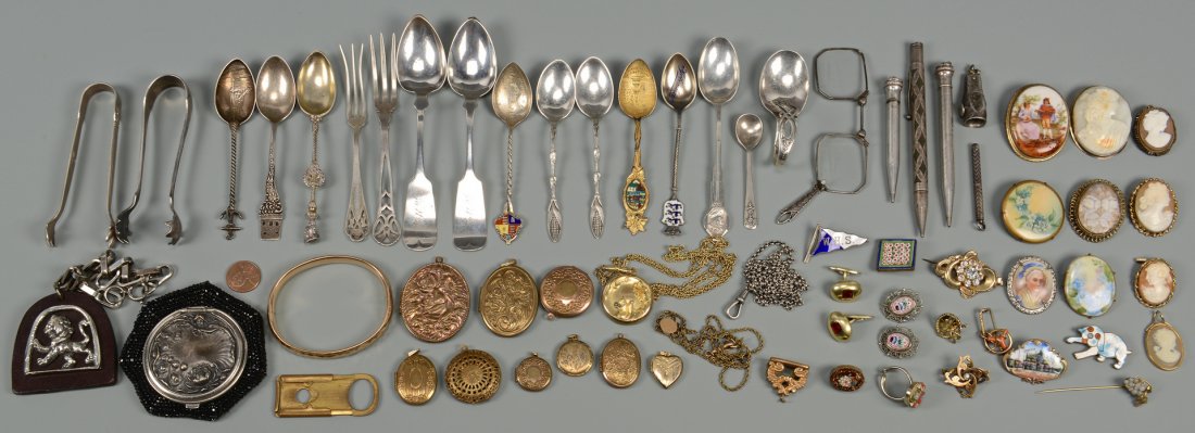 Misc Vintage Sterling & Jewelry: Large group of miscellaneous sterling silver including various spoons; 2 lemon forks; 1 sugar tong; 1 gold-washed CUNARD lapel pin; 1 W.H.S. enamel pin (5.42 total oz troy) plus 1 German .800 souvenir