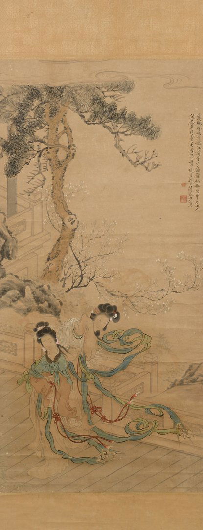 Chinese Scroll depicting 2 beauties: Chinese watercolor on silk scroll painting, depicting two beautiful women on a terrace or bridge, the ribbons or cords of their robes swirling in the wind. A large tree, prunus branches, and house are