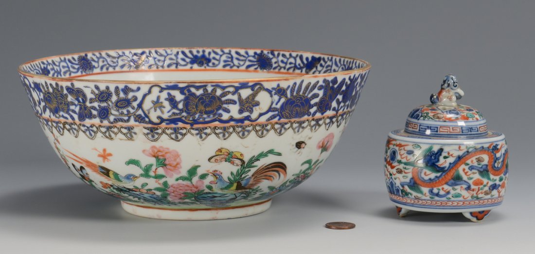 Chinese porcelain bowl and censer: 1st item: Chinese Wucai porcelain censer having dragon decoration to the body, foo dog finial on lid and three small bracket feet. Six (6) character blue mark to base. 3 1/2" H. Late 19th/Early 20th c