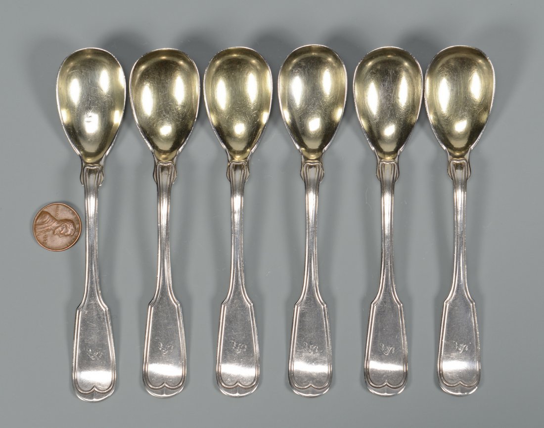 6 Mobile Coin Silver egg spoons: 6 coin silver egg spoons, retailer mark "J. Conning Mobile" (James Conning, active Mobile, Alabama 1840-1872), in the fiddle and thread pattern with gilt bowls and "S" monograms. 5-3/8"L, 3.47 oz troy