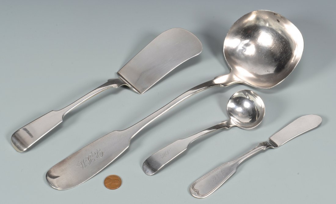 4 pcs. J. Conning Silver Flatware: 4 pieces of Mobile, Alabama coin silver serving flatware, all in variants of the fiddle pattern and marked "J. Conning" and "Mobile" in separate rectangles (James Conning, active Mobile, Alabama 1840-