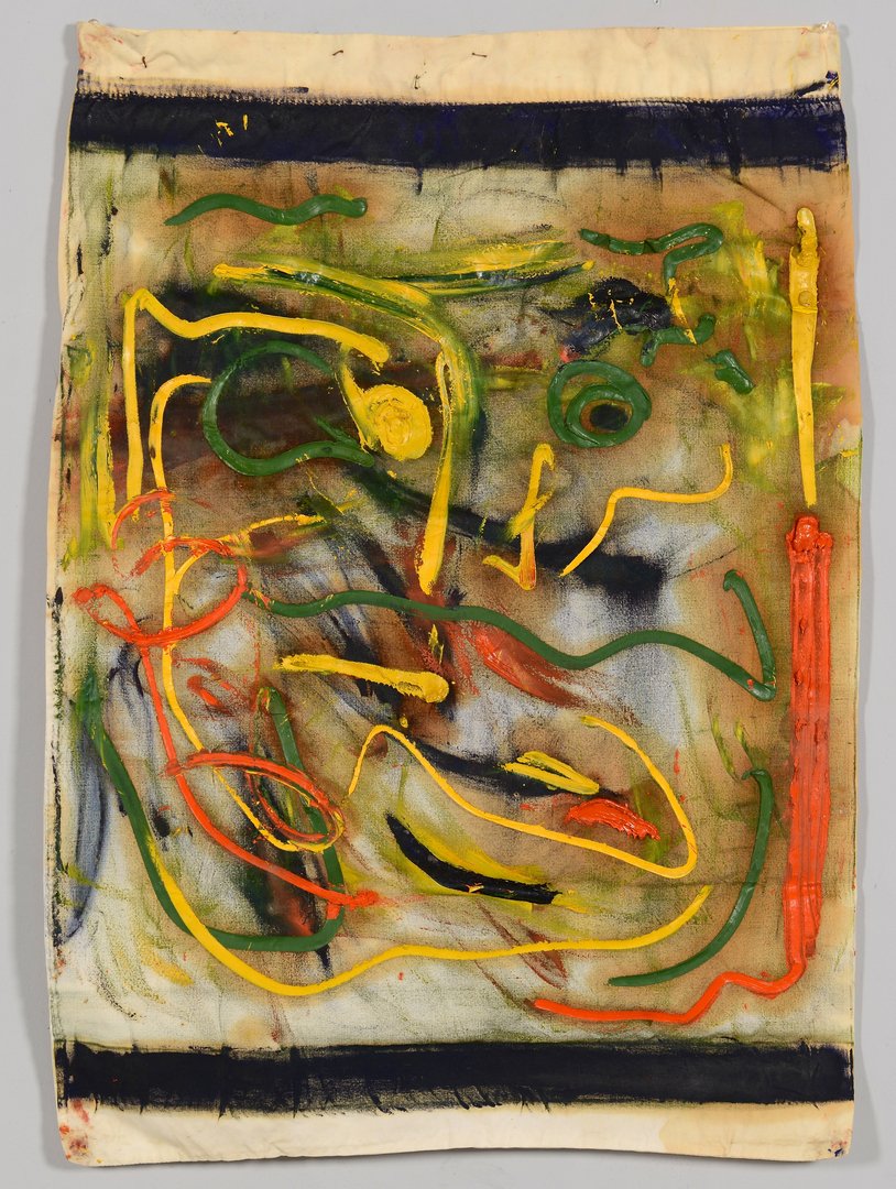 Beauford Delaney, oil on fabric, Abstract of Face: Beauford Delaney (American, 1901 - 1979) abstract oil on fabric pillow case. Abstract rendering of a human face with thickly applied streams of yellow, orange, green, and black paint bordered by two w