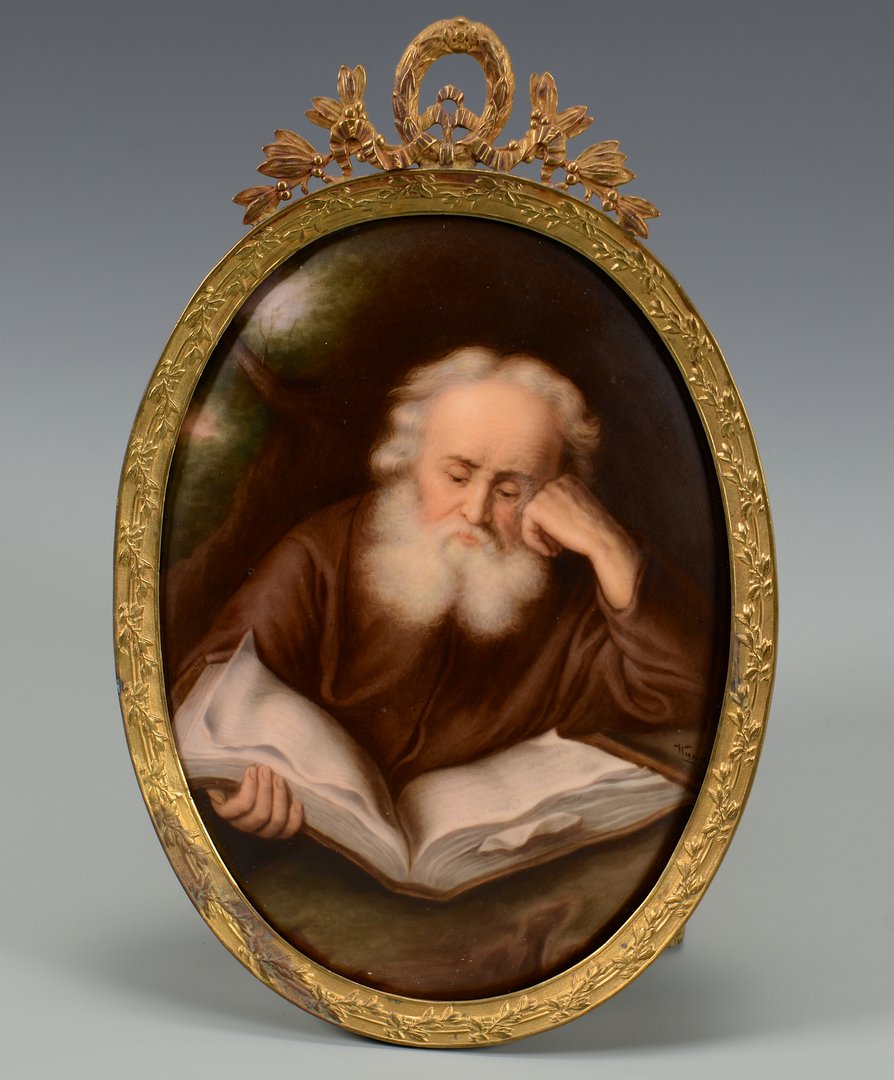KPM Porcelain Plaque, St. John: Hand-painted KPM Berlin porcelain plaque depicting the Apostle St. John gazing downward at large open book. Signed "Wagner", right center edge. Impressed marks, including KPM sceptre, plus old paper l