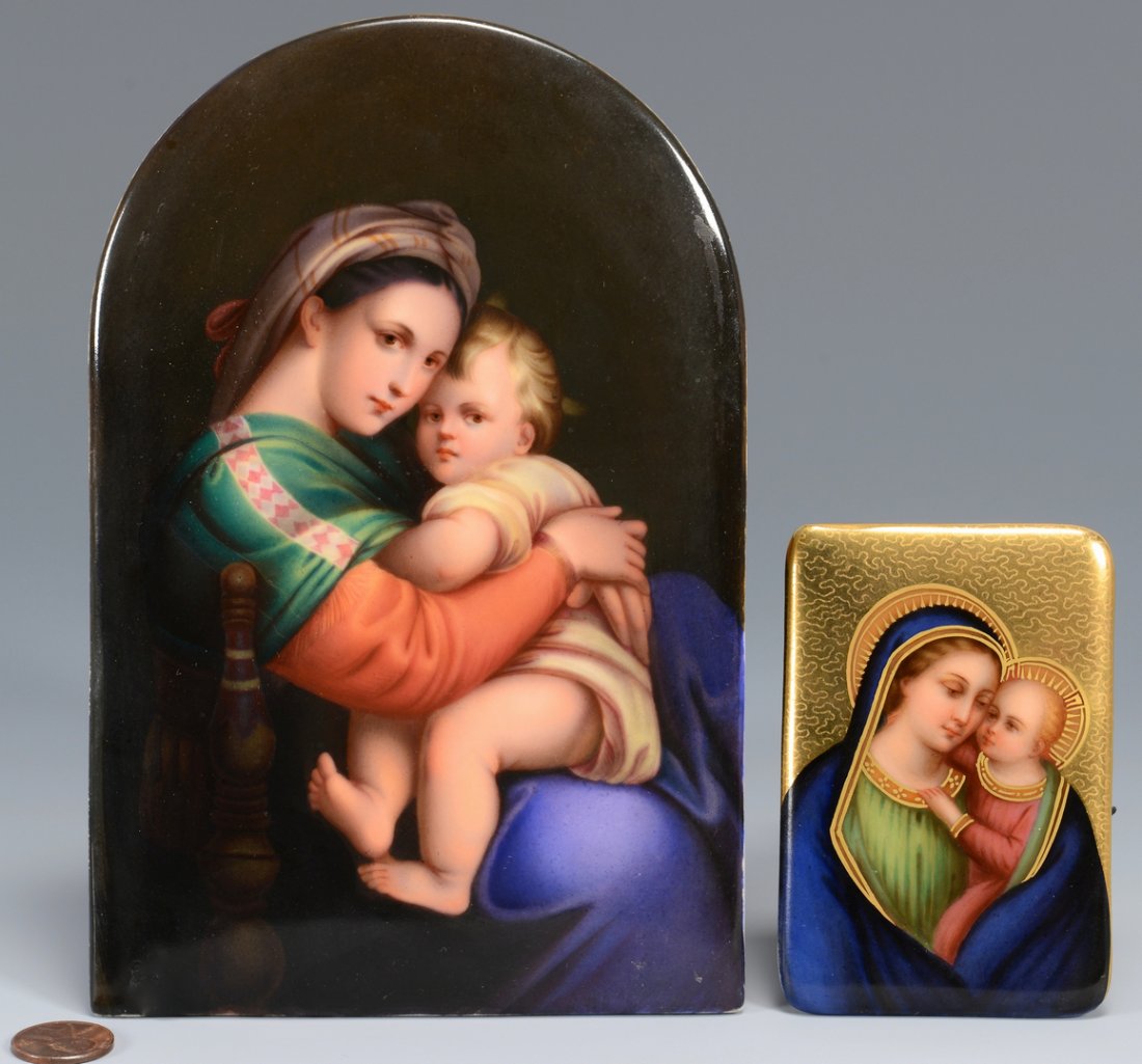 Two (2) Madonna Porcelain Plaques, attrib. German: Two (2) hand painted porcelain plaques of Madonna and Child. 1st item - Large hand painted circular arched porcelain plaque of the Madonna Dell Sedia after Raphael, stamped verso lower corner, " K 332
