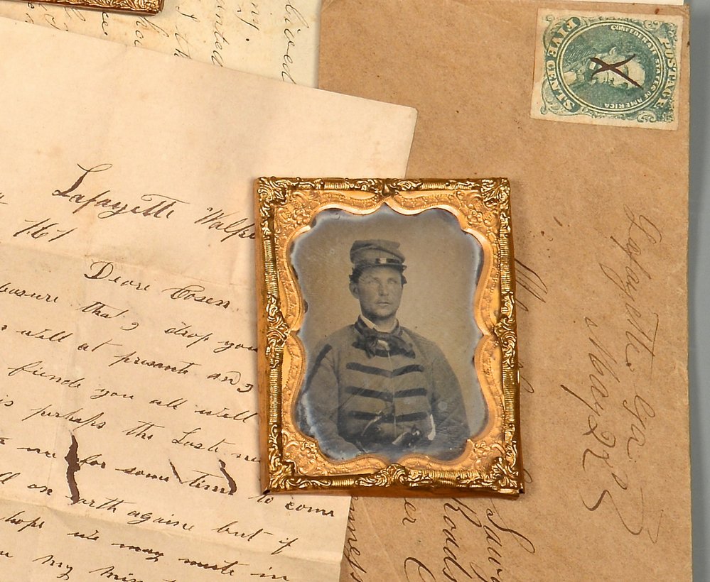 GA 9th CSA Ambrotype R. Cassady & Civil War Archive: Confederate Archive of 4th Sergeant Russell M. Cassady, Georgia Company G, 9th Regiment (Walker Co., GA - Lafayette Volunteers, mortally wounded 1865). Includes an early war Confederate sixth plate am