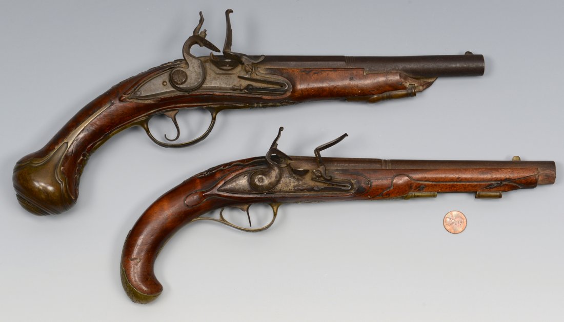 2 Flintlock pistols, one Geromino Fernandez: Two 18th century Continental flintlocks including one by Geromino Fernandez. 1st item - Spanish Flintlock Pistol, gold inlay marks on the barrel breech for Geromino Fernandez (Madrid 1690-1727). Stock