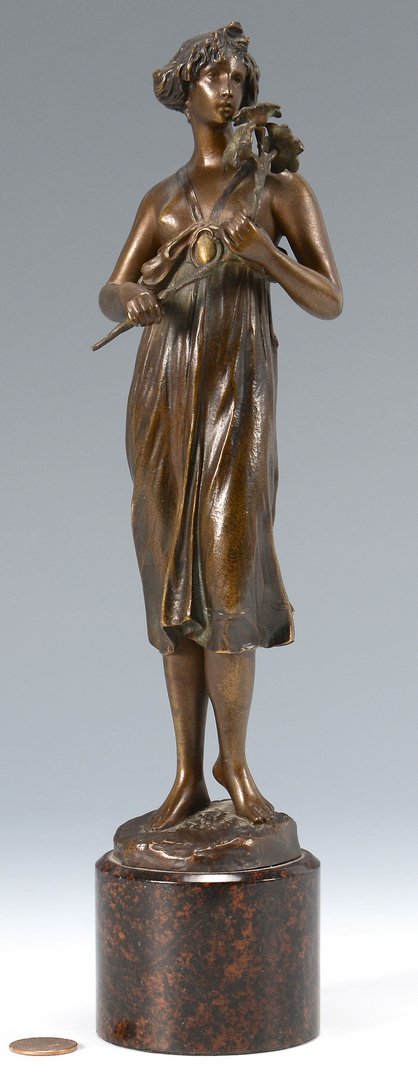 Lindenberg Bronze of Girl w/ Flowers: Max Lindenberg (Germany, 1883-1910) bronze sculpture titled "Innocence" depicting a partially nude young woman holding spray of flowers. Signed "M. Lindenberg" on base. Mounted on red and green marble