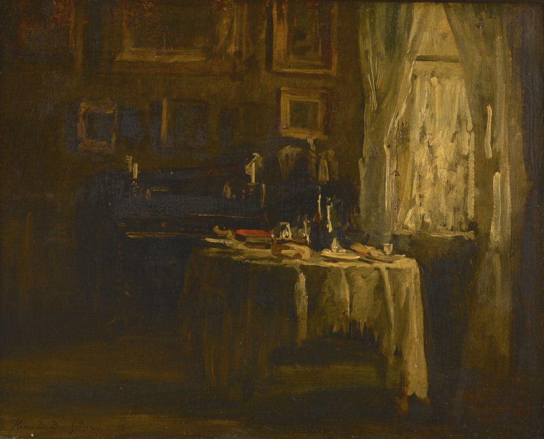 Henri De Braekeleer Interior Scene: Henri De Braekeleer (Belgian, 1840-1888) oil on panel interior scene depicting a round table covered in a white cloth and laden with bread, wine, plates, utensils and books. Beyond is a piano or organ