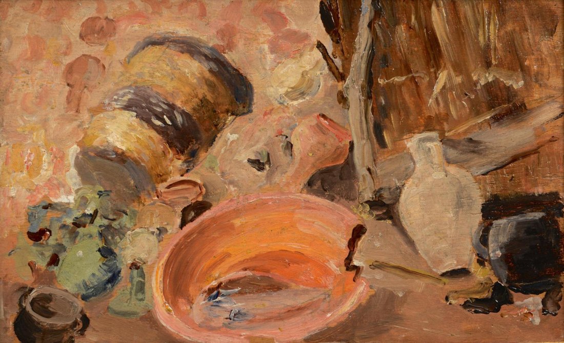 Ralph W. Curtis o/b Still Life: Impressionist oil on wood panel still life of jumbled table objects, attr. Ralph Wormeley Curtis (American, 1854-1922). Unsigned with name plate attached to lower central frame. Hirschl & Adler Galler