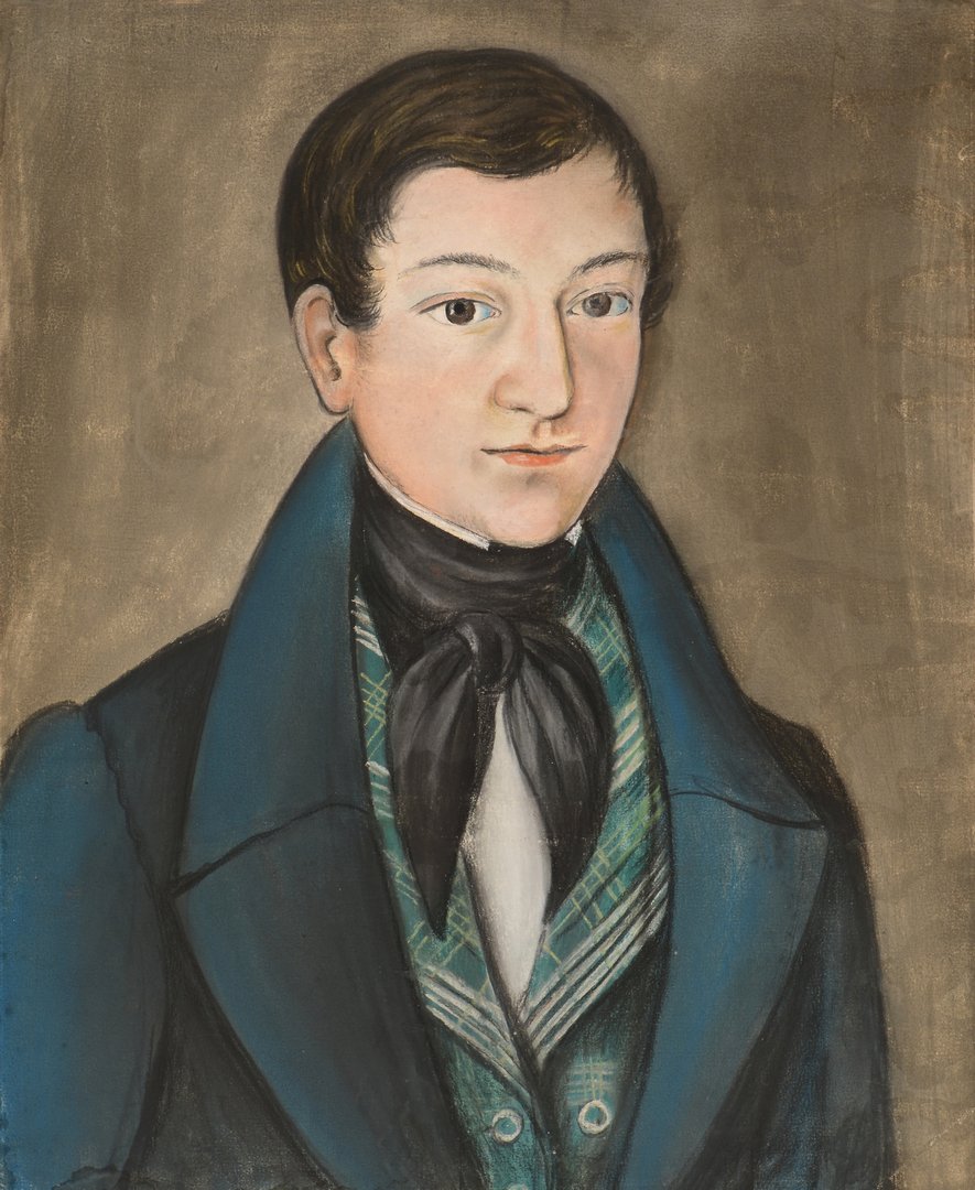 Folk Art Pastel Portrait of a Man: Folk art pastel on paper portrait of a man, manner of Micah Williams (American, 1782-1837), depicting a dark-haired man in blue coat with plaid vest and black cravat. Unsigned. Portrait has illegible 