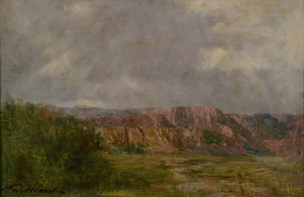 Oil on Board Landscape, Willison: Thomas Jefferson Willison (KY/OH, 1864 - 1940) oil on board landscape of mountainous rock formations in the background with a stream and vegetation undergrowth in the foreground, signed "T. Willison"