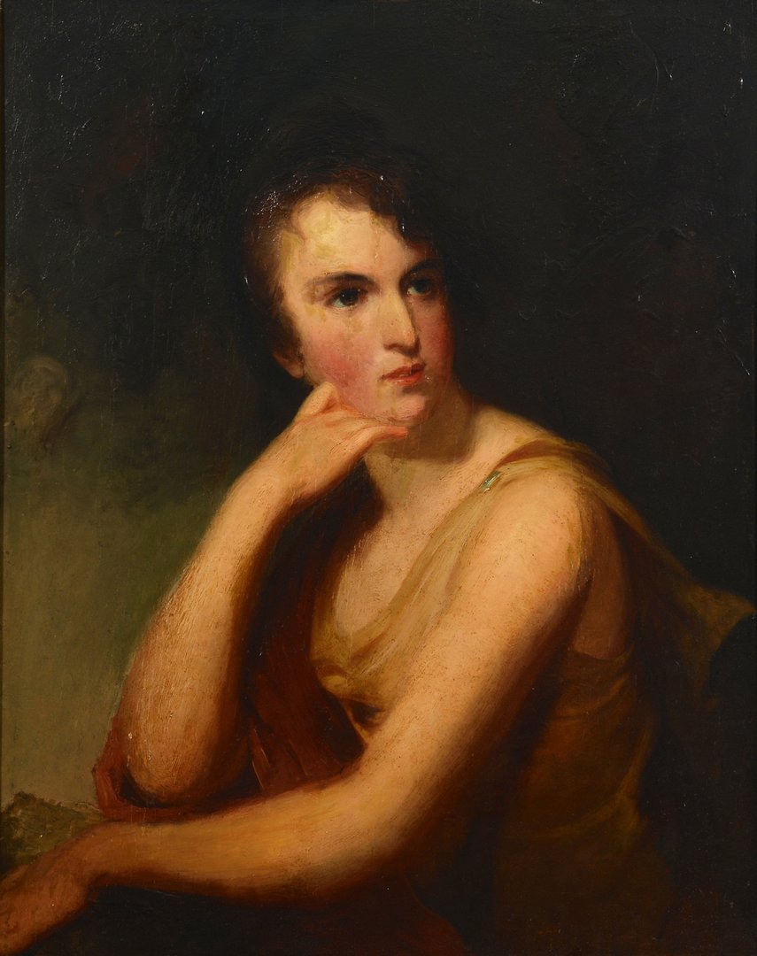 South Carolina Portrait of a Lady: South Carolina school, manner of Thomas Sully, oil on panel half-length portrait of a woman with brown eyes and brown curls, depicted in a Romantic pose with her waist and head slightly turned and gaz