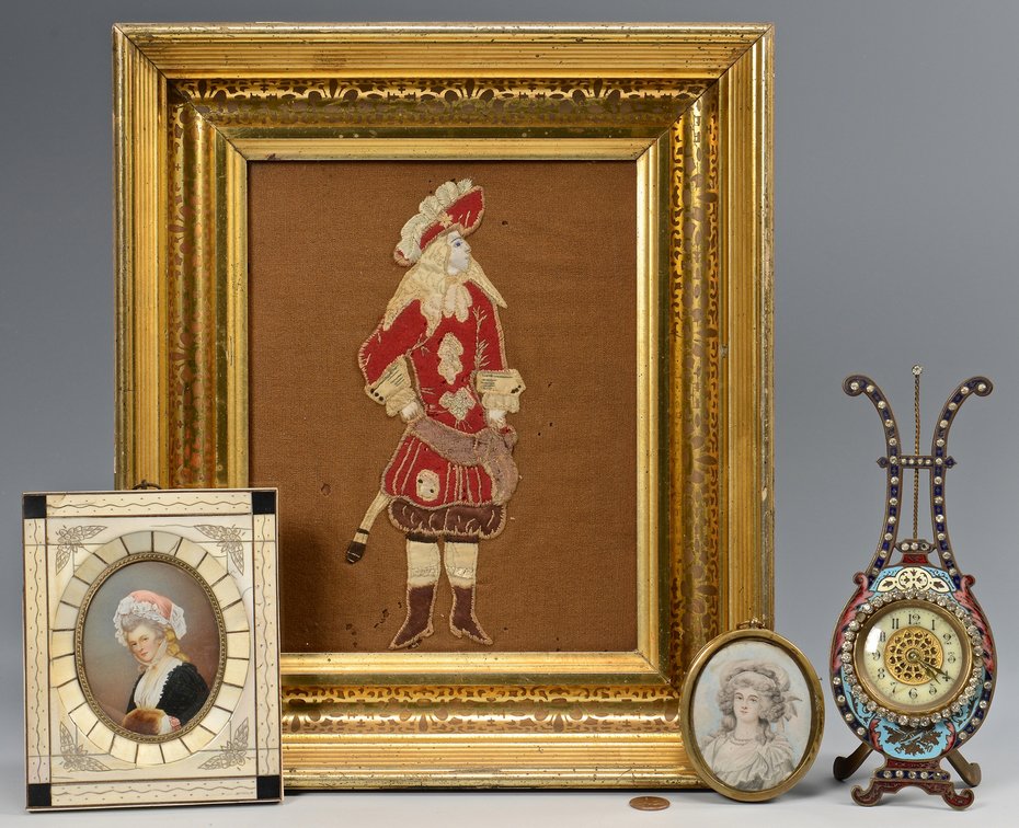 Miniature portraits, clock, and textile, 4 items: Four European decorative items. 1st item: Oval European miniature portrait on ivory depicting a Victorian lady with pink cap. Inscription en verso reads " Mrs. Johnson". Housed in a bone and ebony fra