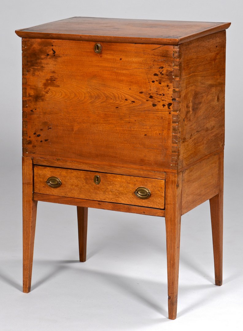 TN Hepplewhite Sugar Chest, Restored: Middle Tennessee walnut Hepplewhite sugar chest with extensive restorations, possibly assembled from other elements. Sugar chest consisting of a dovetailed top case with an open well above a dovetaile