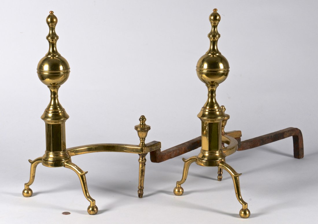 Pair NY Andirons, signed Wittingham: New York Federal brass ball and plinth andirons, stamped "R. Wittingham, New York" on the back of the plinths. 19 1/2" H x 10" W x 23" D. Circa 1800.