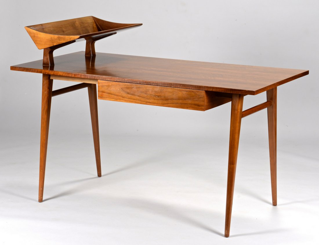Bertha Schaefer Midcentury Modern Desk: Mid-century Modern Italian walnut desk designed by Bertha Schaefer for Singer & Sons, circa 1955. Rectangular top with book tray at left side, over a single drawer and four round, tapering legs. Origi