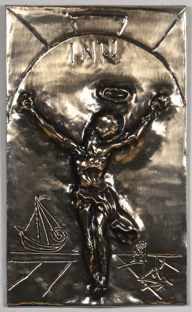 Dali Wall Hanging, Christ of St. John of the Cross: Salvador Dali (Spanish, 1904-1989) bas relief wall hanging titled "Christ of St. John of the Cross" in silver patina, after the painting of the same name. Numbered lower left "I 74/125". Housed in the