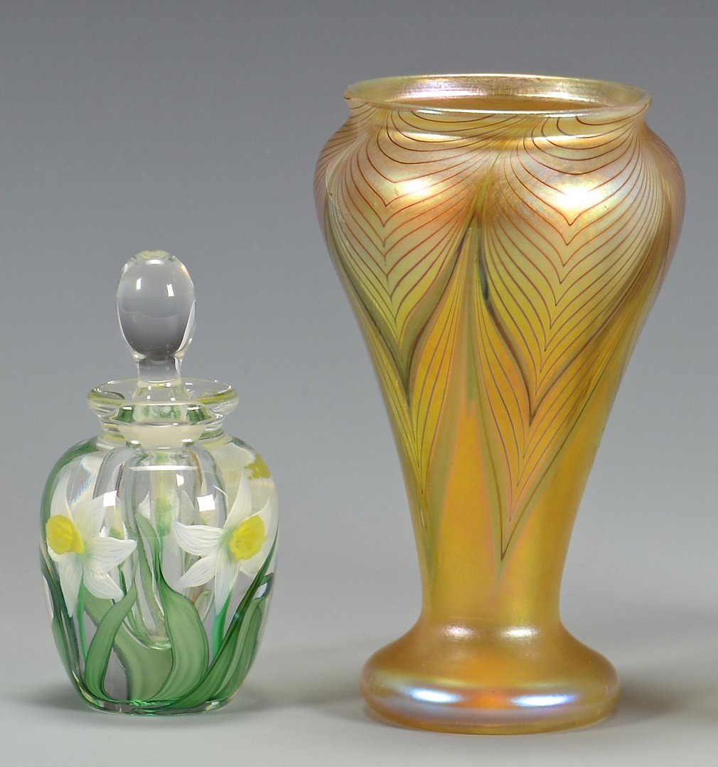 Lundberg perfume, Orient & Flume Vase: 2 pieces late 20th century art glass. 1st item: signed Lundberg paperweight perfume bottle, cased clear glass with daffodil design and colorless teardrop stopper, etched signature on base with #40307