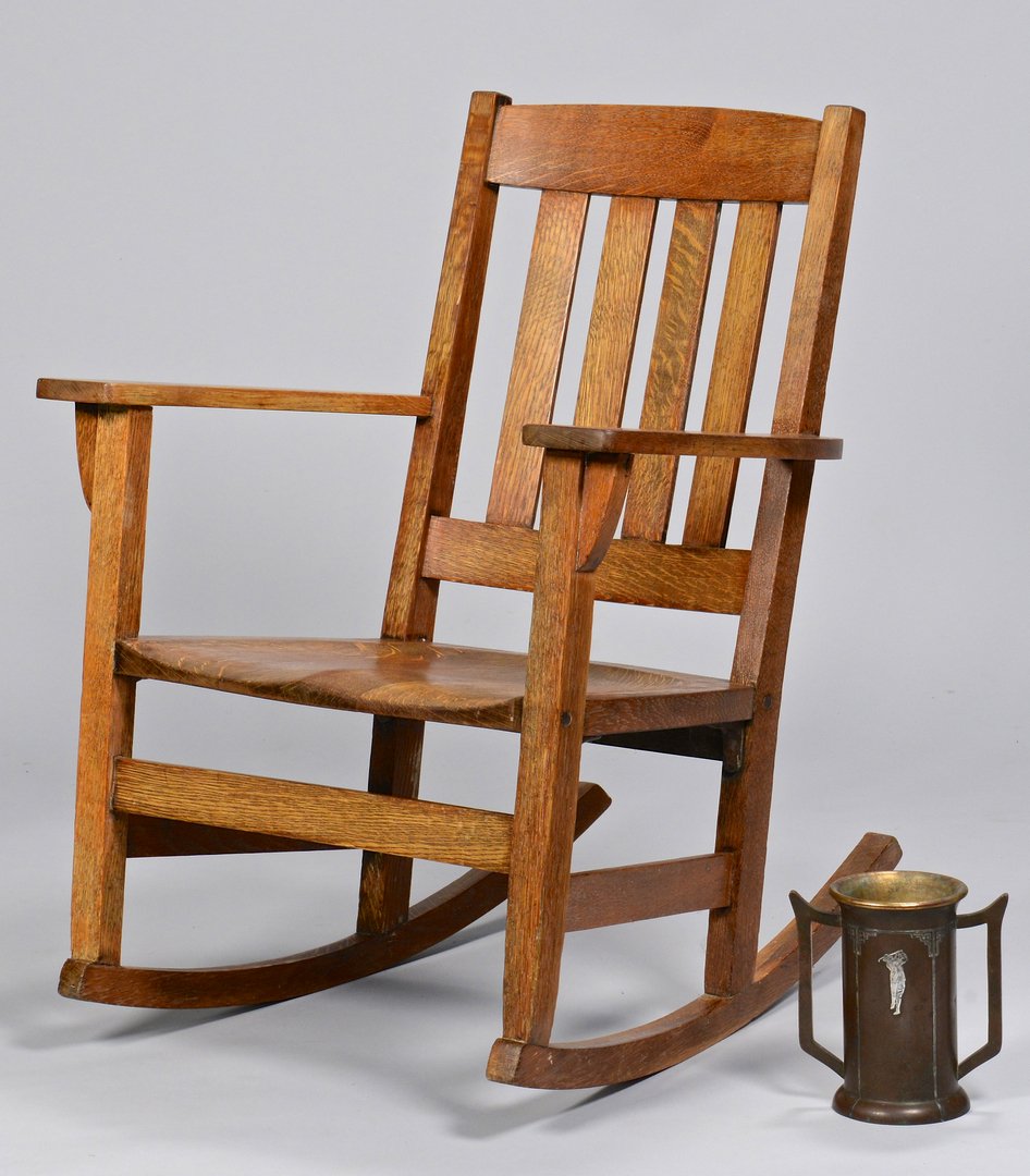 Limbert Rocker & Heintz Golf Trophy: Two Arts and Crafts period items. 1st item: Limbert Mission Oak rocker having curved and shaped crest rail with four vertical slat backs and solid seat. Signed with brand mark to underside of arm. 34"